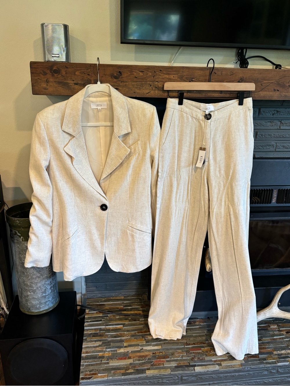 Cream Linen-Blend Tailored Blazer & Pants Set